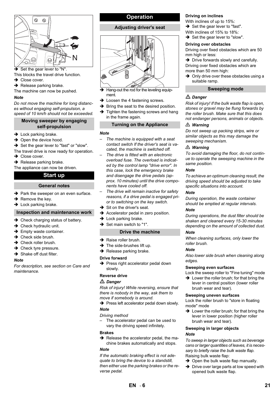 Start up, Operation | Karcher KMR 1250 BAT User Manual | Page 21 / 196