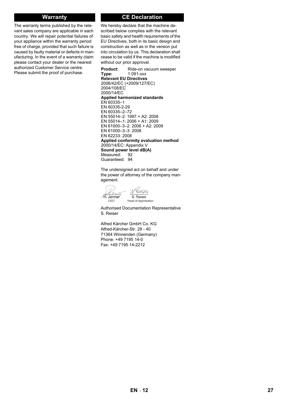 Warranty ce declaration | Karcher KMR 1250 BAT User Manual | Page 27 / 196