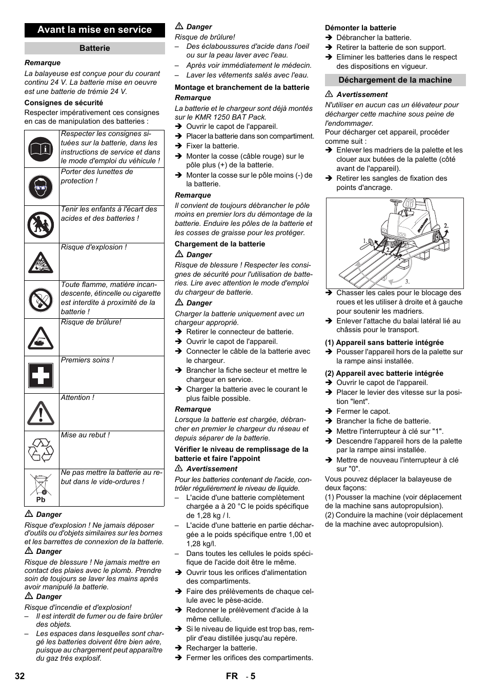 Avant la mise en service | Karcher KMR 1250 BAT User Manual | Page 32 / 196
