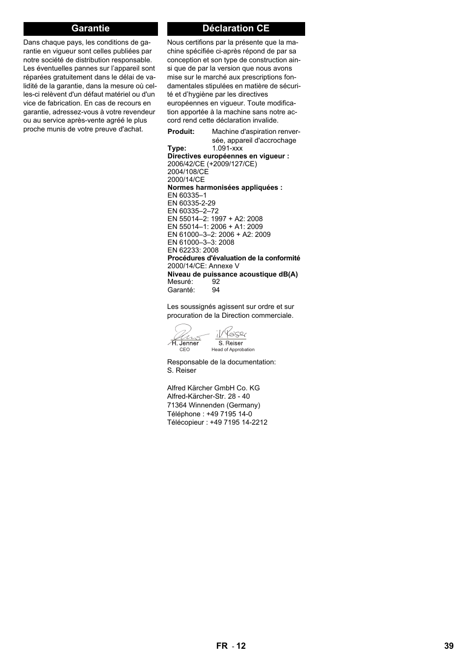 Garantie déclaration ce | Karcher KMR 1250 BAT User Manual | Page 39 / 196