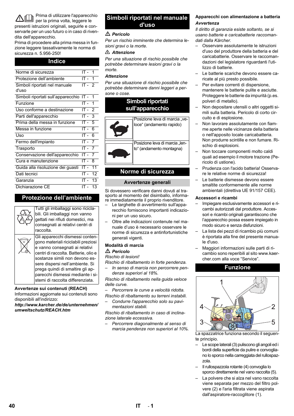 Indice, Protezione dell’ambiente, Norme di sicurezza | Funzione | Karcher KMR 1250 BAT User Manual | Page 40 / 196