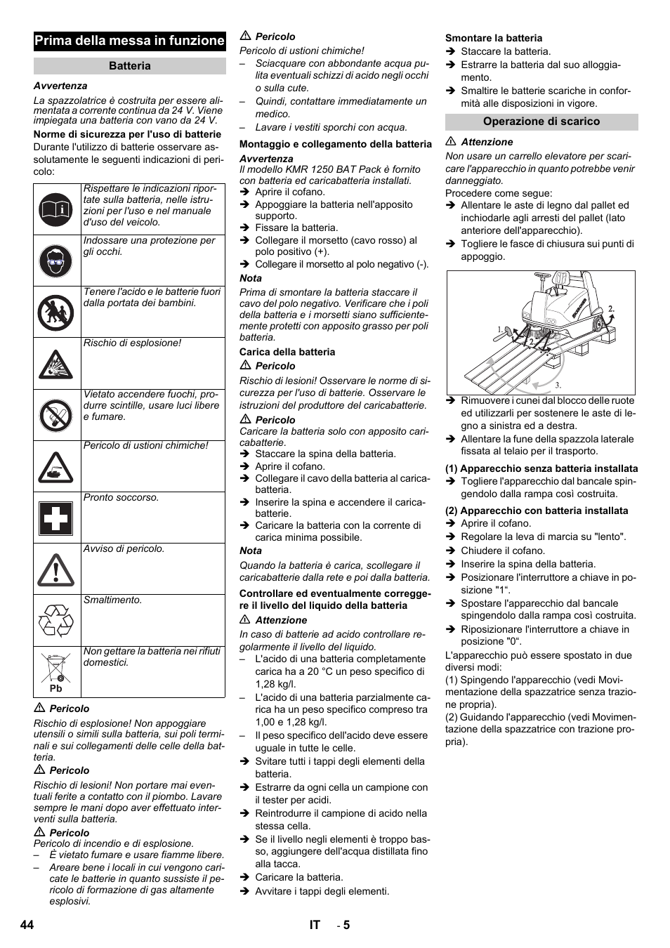 Prima della messa in funzione | Karcher KMR 1250 BAT User Manual | Page 44 / 196