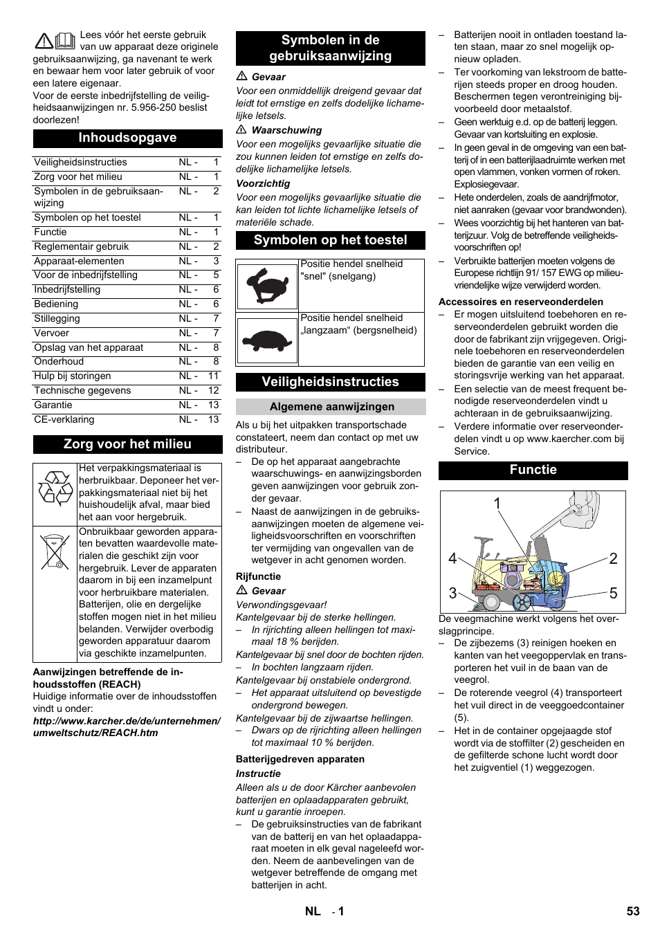 Inhoudsopgave, Zorg voor het milieu, Veiligheidsinstructies | Functie | Karcher KMR 1250 BAT User Manual | Page 53 / 196