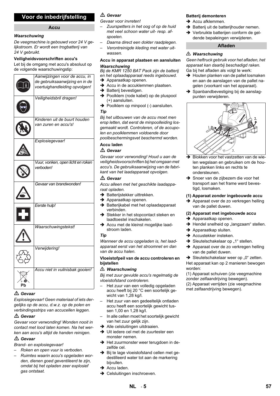 Voor de inbedrijfstelling | Karcher KMR 1250 BAT User Manual | Page 57 / 196