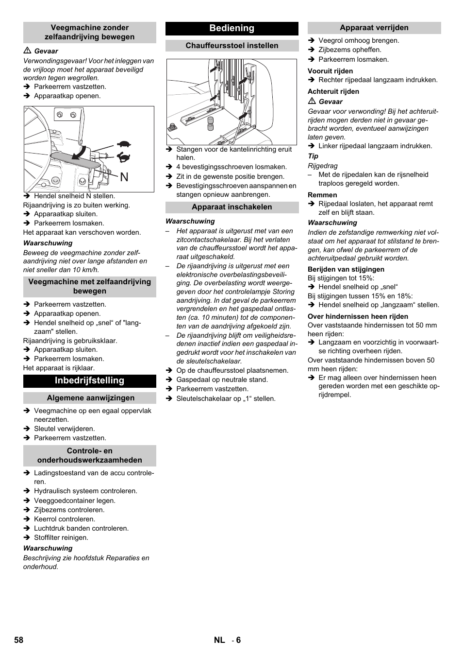 Inbedrijfstelling, Bediening | Karcher KMR 1250 BAT User Manual | Page 58 / 196