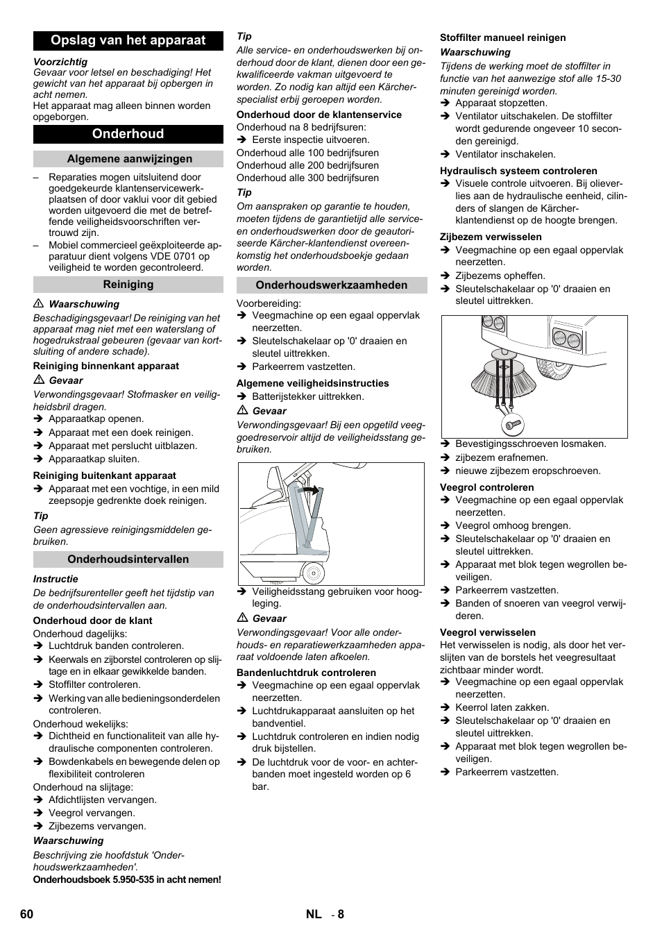 Opslag van het apparaat onderhoud | Karcher KMR 1250 BAT User Manual | Page 60 / 196