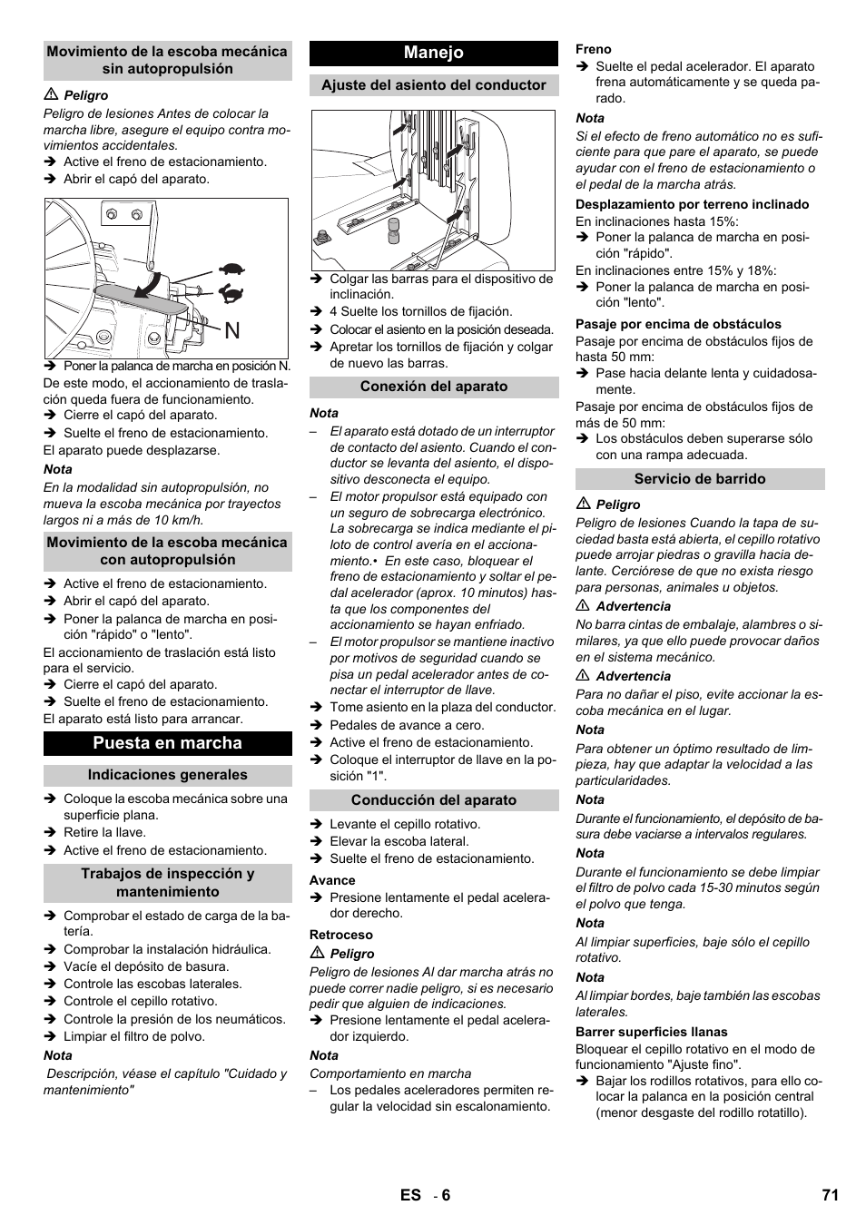 Puesta en marcha, Manejo | Karcher KMR 1250 BAT User Manual | Page 71 / 196
