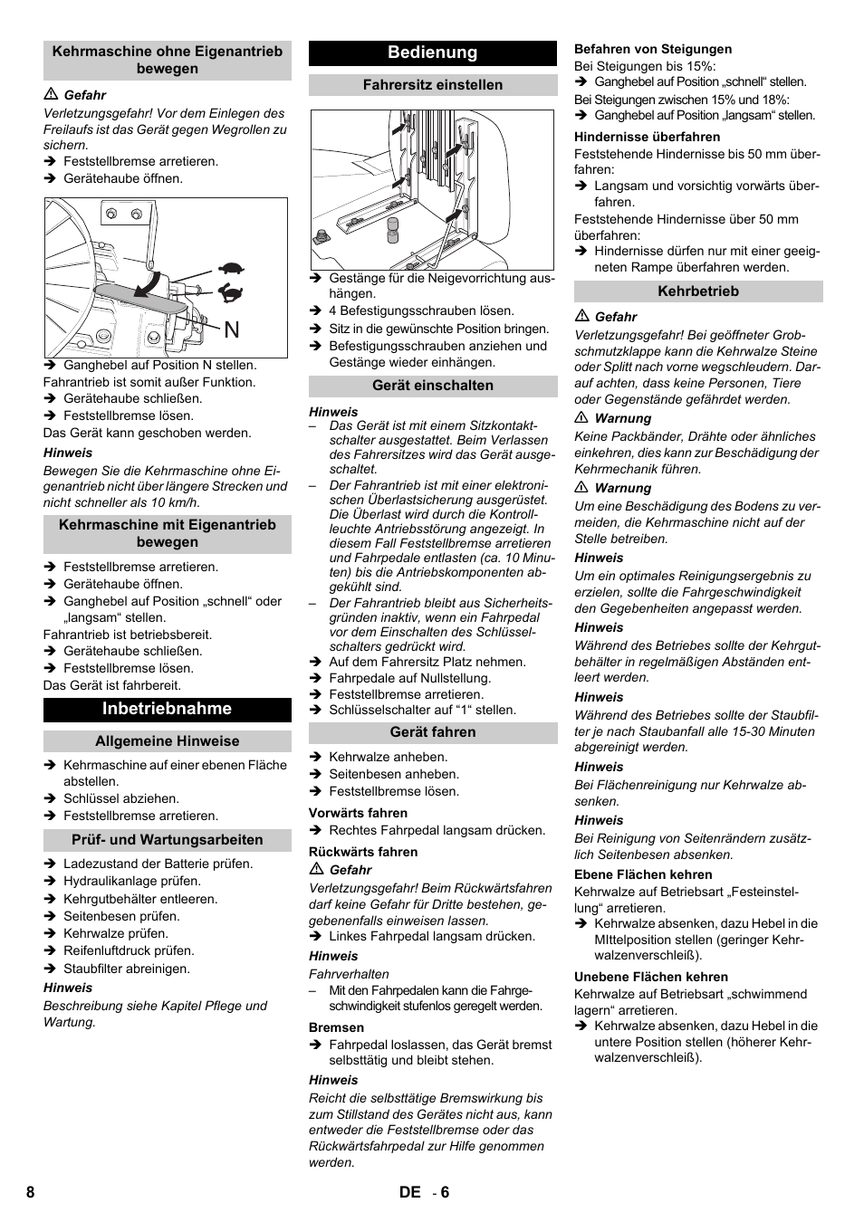 Inbetriebnahme, Bedienung | Karcher KMR 1250 BAT User Manual | Page 8 / 196