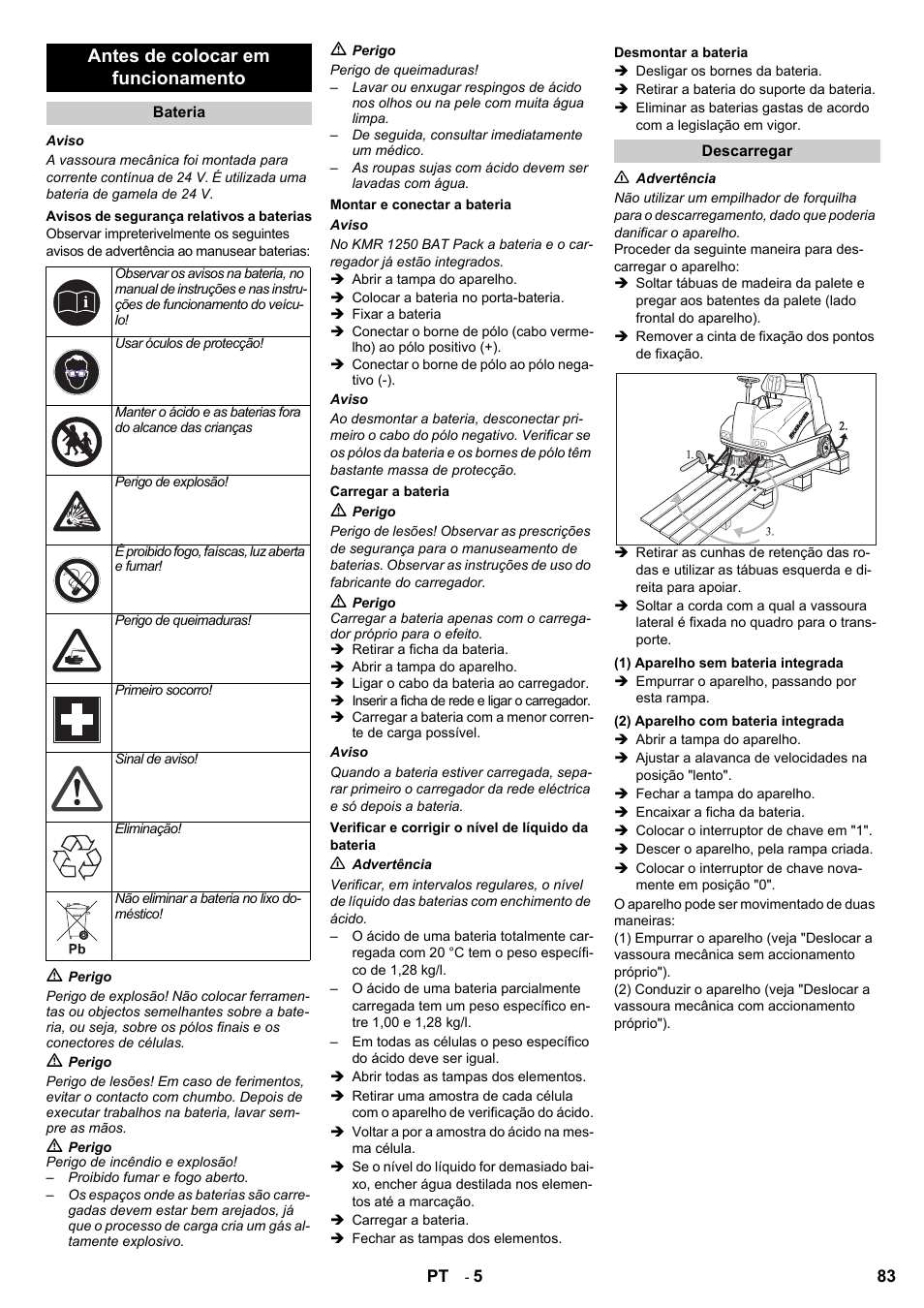 Antes de colocar em funcionamento | Karcher KMR 1250 BAT User Manual | Page 83 / 196