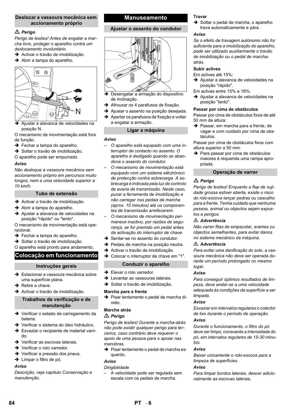 Colocação em funcionamento, Manuseamento | Karcher KMR 1250 BAT User Manual | Page 84 / 196