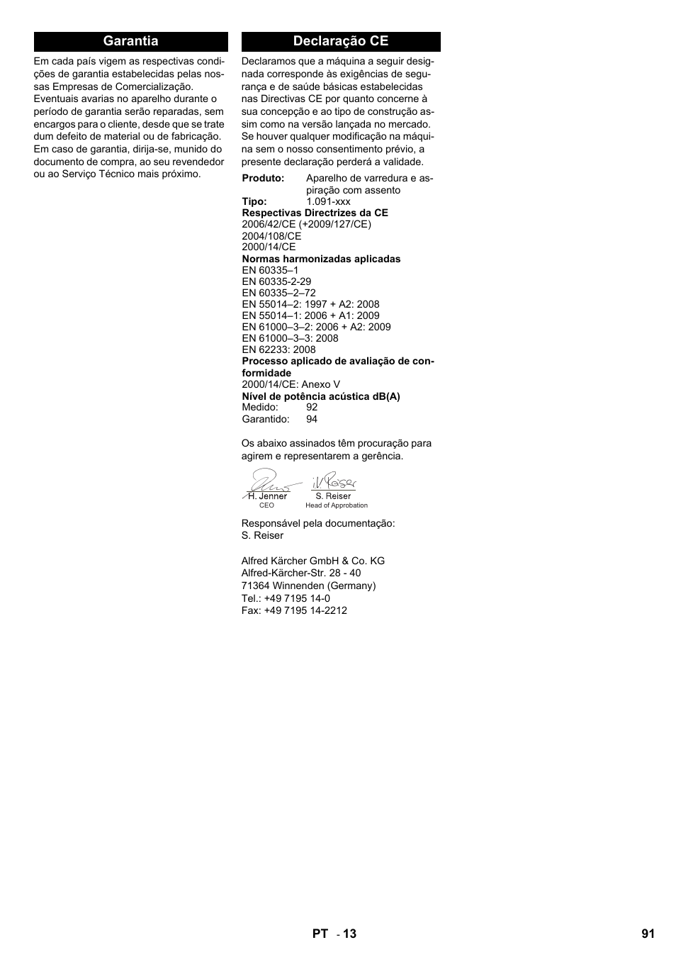 Garantia declaração ce | Karcher KMR 1250 BAT User Manual | Page 91 / 196