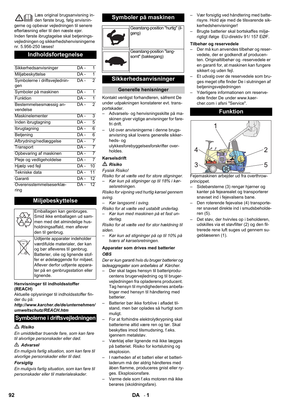 Indholdsfortegnelse, Miljøbeskyttelse, Sikkerhedsanvisninger | Funktion | Karcher KMR 1250 BAT User Manual | Page 92 / 196