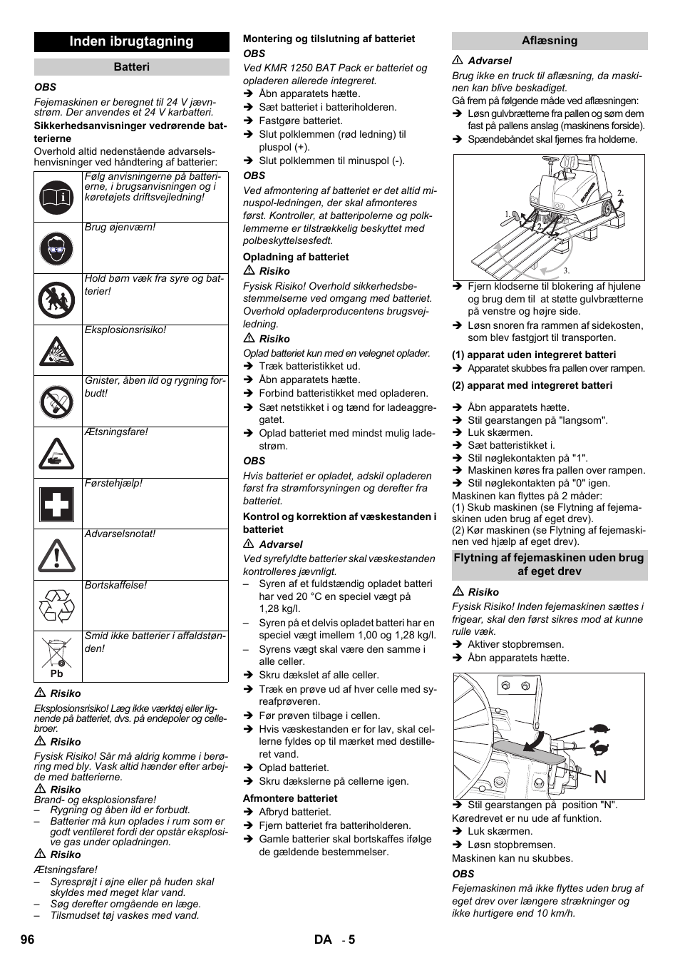 Inden ibrugtagning | Karcher KMR 1250 BAT User Manual | Page 96 / 196