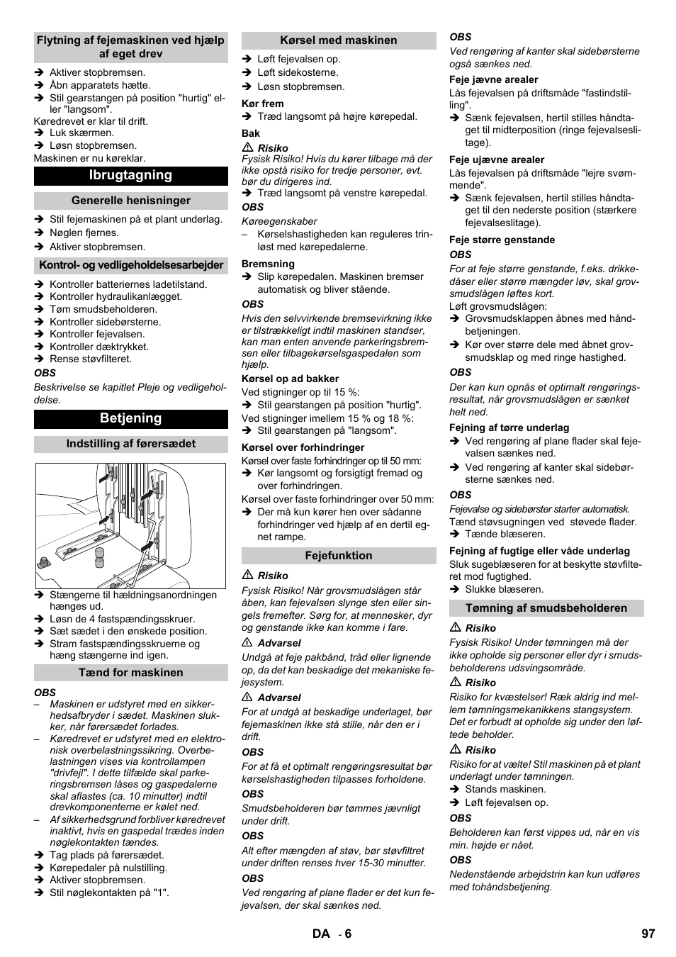 Ibrugtagning, Betjening | Karcher KMR 1250 BAT User Manual | Page 97 / 196