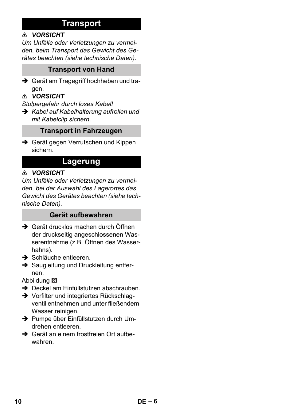 Transport, Transport von hand, Transport in fahrzeugen | Lagerung, Gerät aufbewahren | Karcher BP 3 Home & Garden User Manual | Page 10 / 134