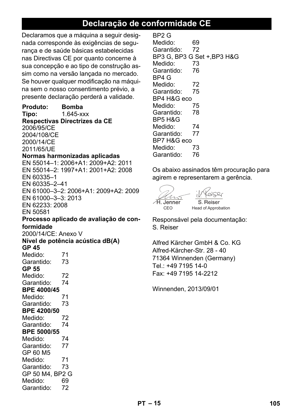 Declaração de conformidade ce | Karcher BP 3 Home & Garden User Manual | Page 105 / 134