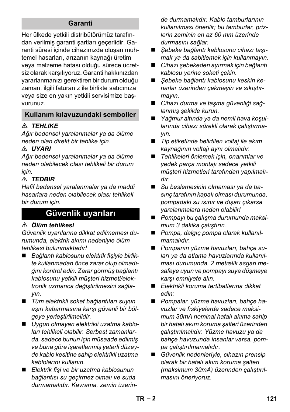 Garanti, Kullanım kılavuzundaki semboller, Güvenlik uyarıları | Karcher BP 3 Home & Garden User Manual | Page 121 / 134