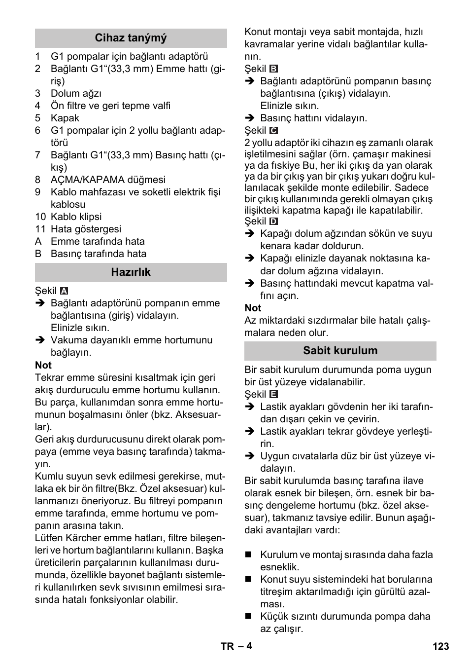 Cihaz tanýmý, Hazırlık, Sabit kurulum | Karcher BP 3 Home & Garden User Manual | Page 123 / 134