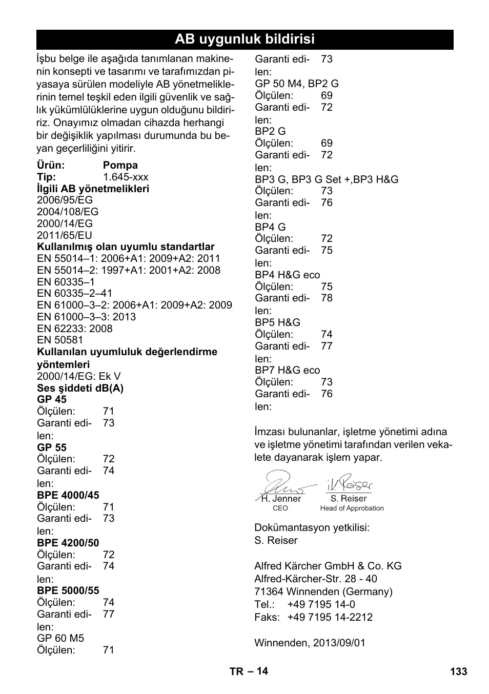 Ab uygunluk bildirisi | Karcher BP 3 Home & Garden User Manual | Page 133 / 134