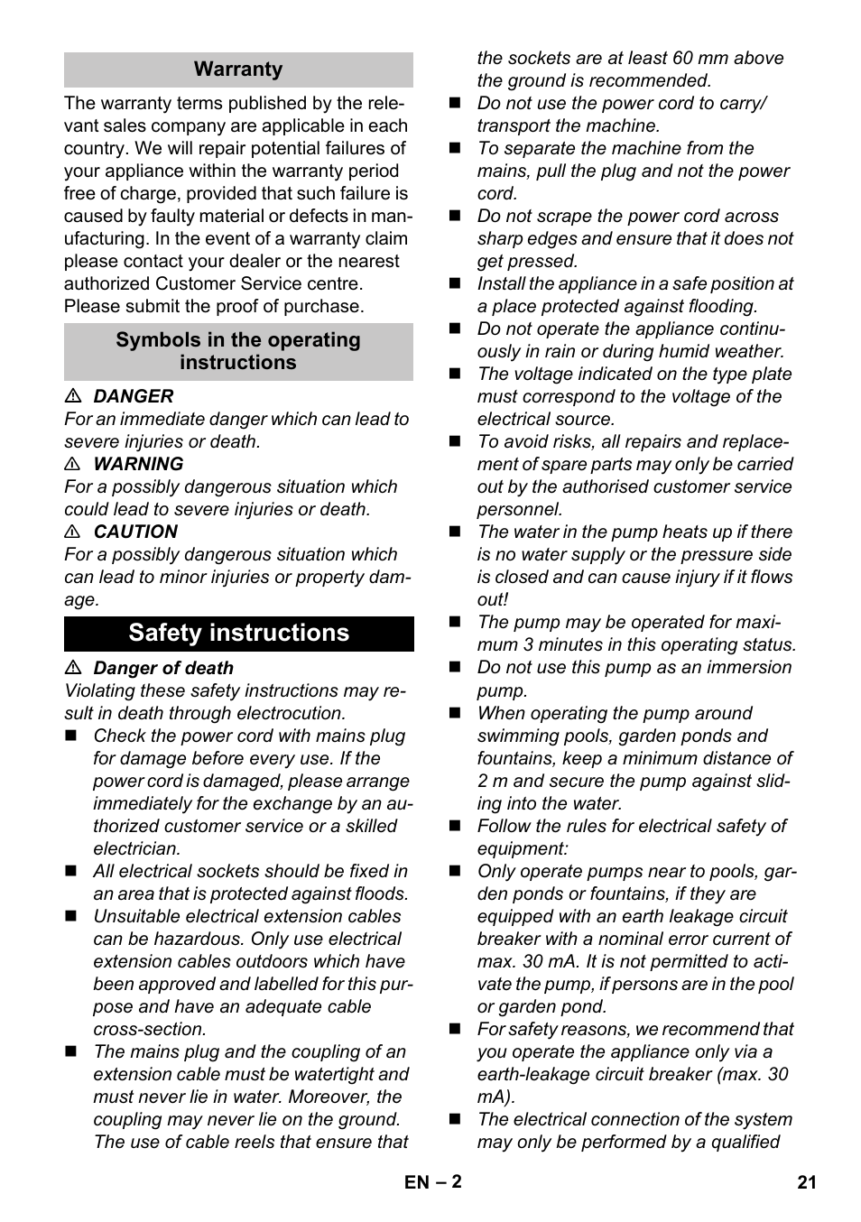 Warranty, Symbols in the operating instructions, Safety instructions | Karcher BP 3 Home & Garden User Manual | Page 21 / 134