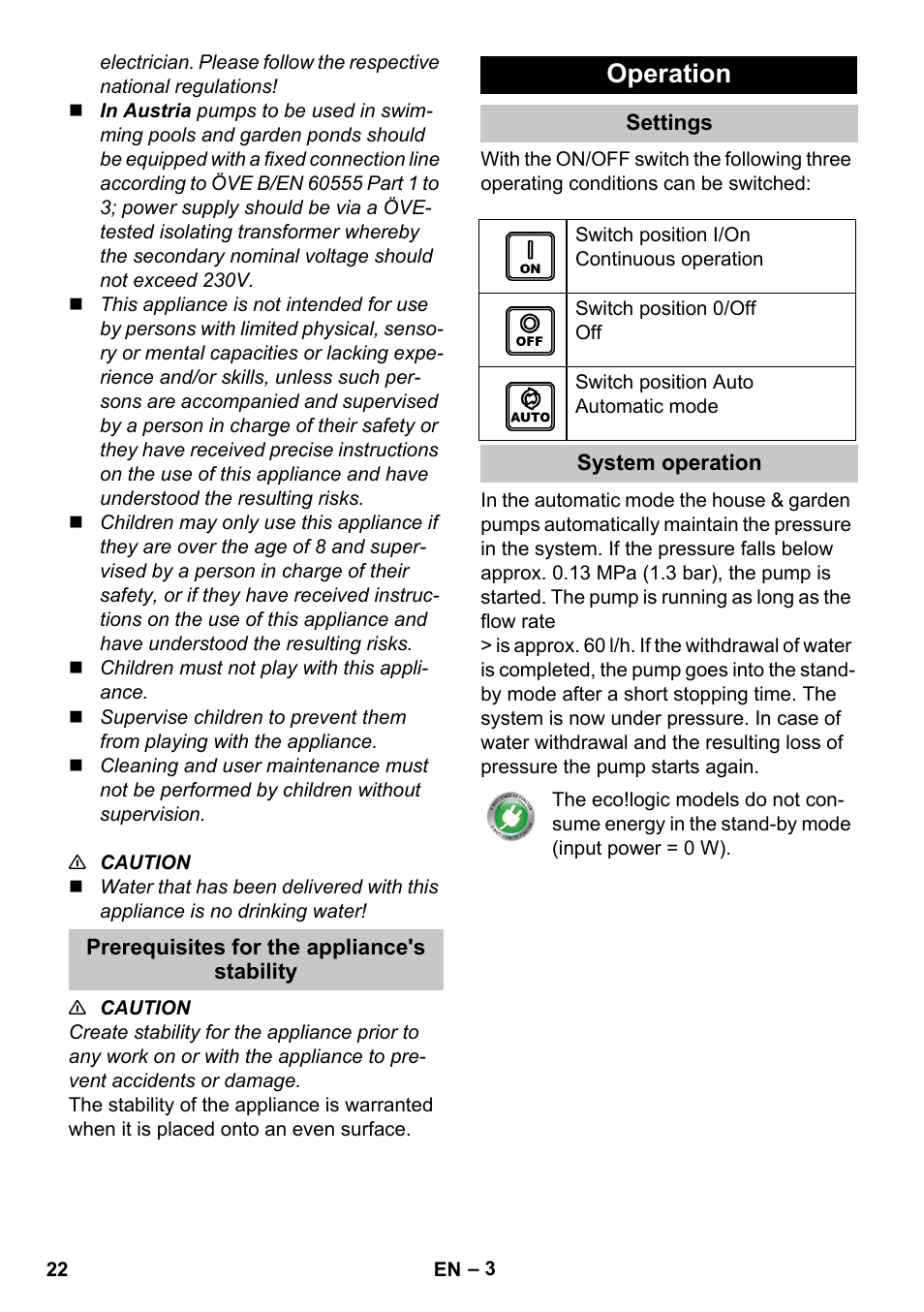 Prerequisites for the appliance's stability, Operation, Settings | System operation | Karcher BP 3 Home & Garden User Manual | Page 22 / 134