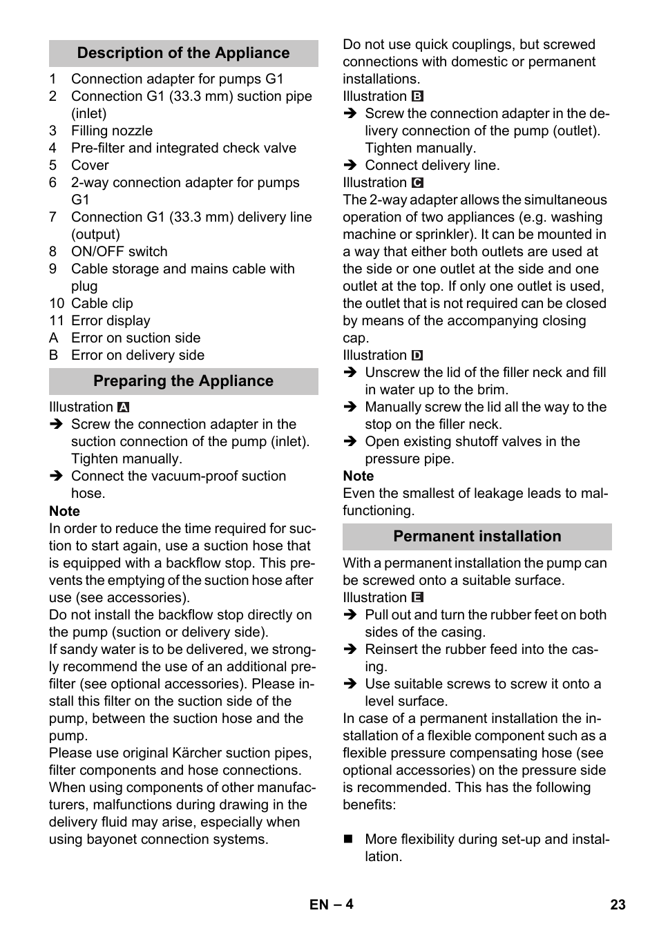 Description of the appliance, Preparing the appliance, Permanent installation | Karcher BP 3 Home & Garden User Manual | Page 23 / 134