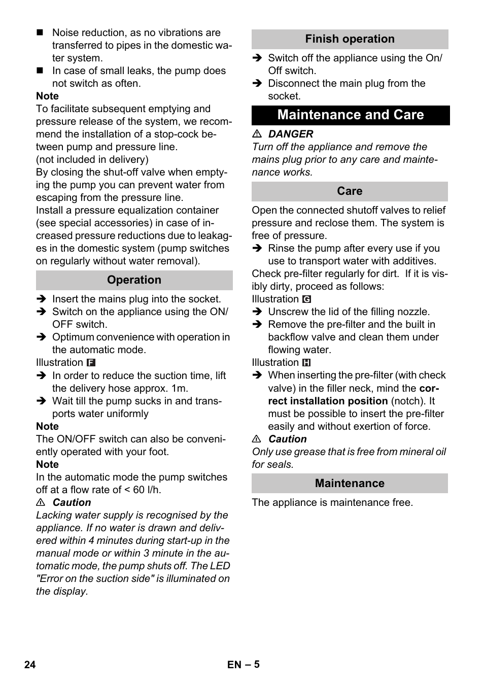 Operation, Finish operation, Maintenance and care | Care, Maintenance | Karcher BP 3 Home & Garden User Manual | Page 24 / 134