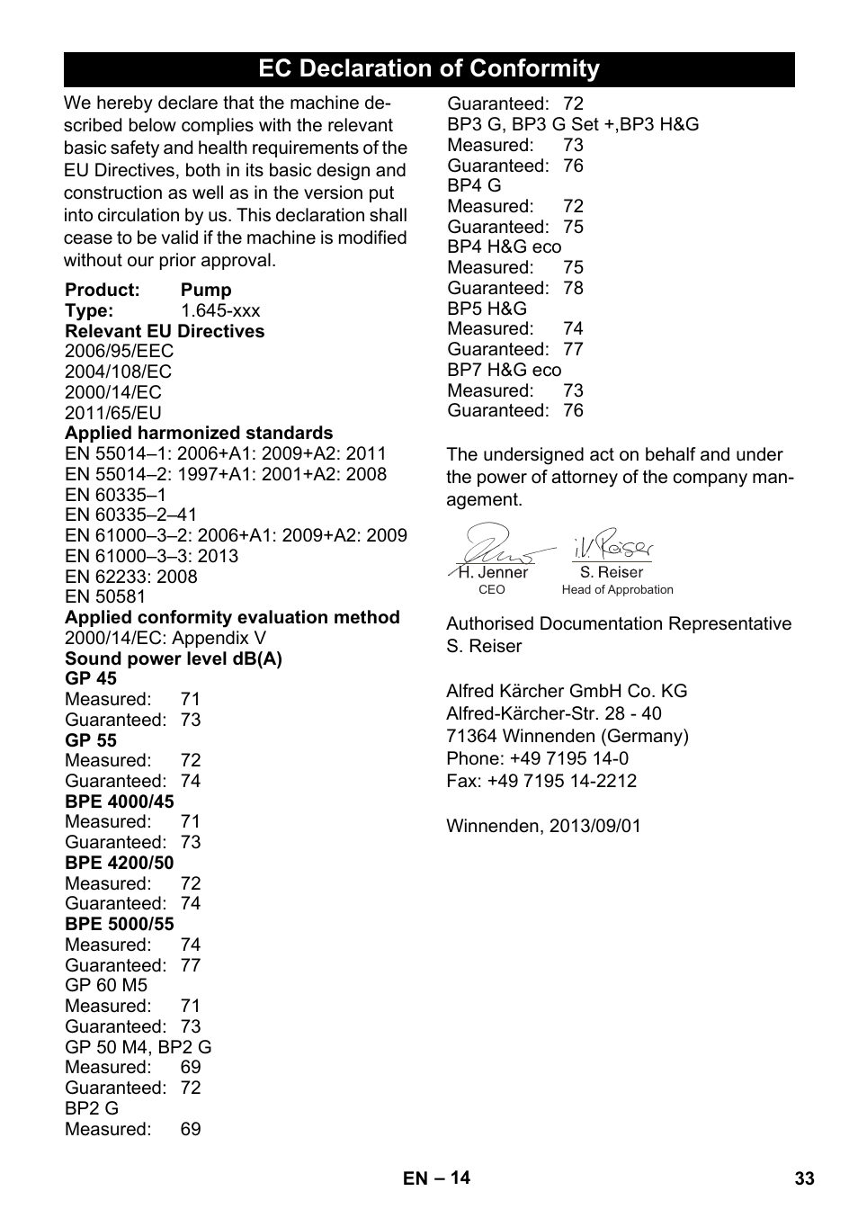 Ec declaration of conformity | Karcher BP 3 Home & Garden User Manual | Page 33 / 134