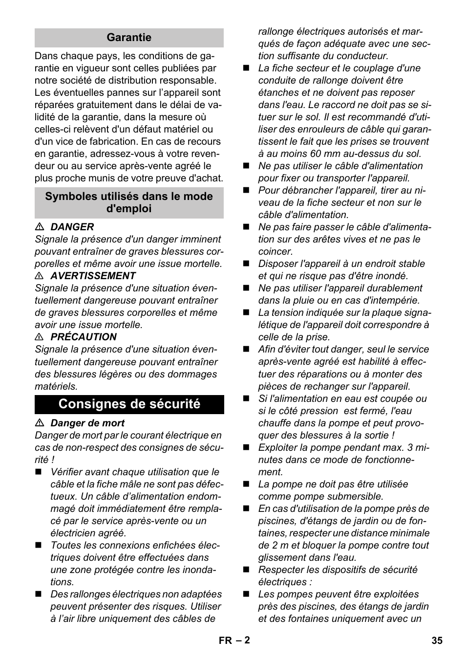 Garantie, Symboles utilisés dans le mode d'emploi, Consignes de sécurité | Karcher BP 3 Home & Garden User Manual | Page 35 / 134