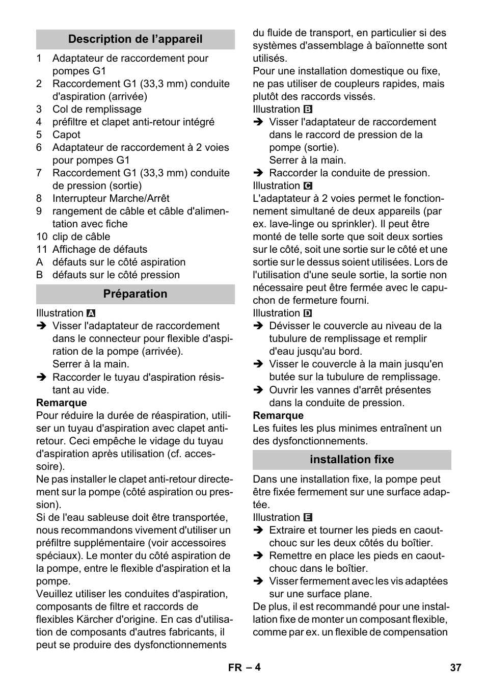 Description de l’appareil, Préparation, Installation fixe | Karcher BP 3 Home & Garden User Manual | Page 37 / 134