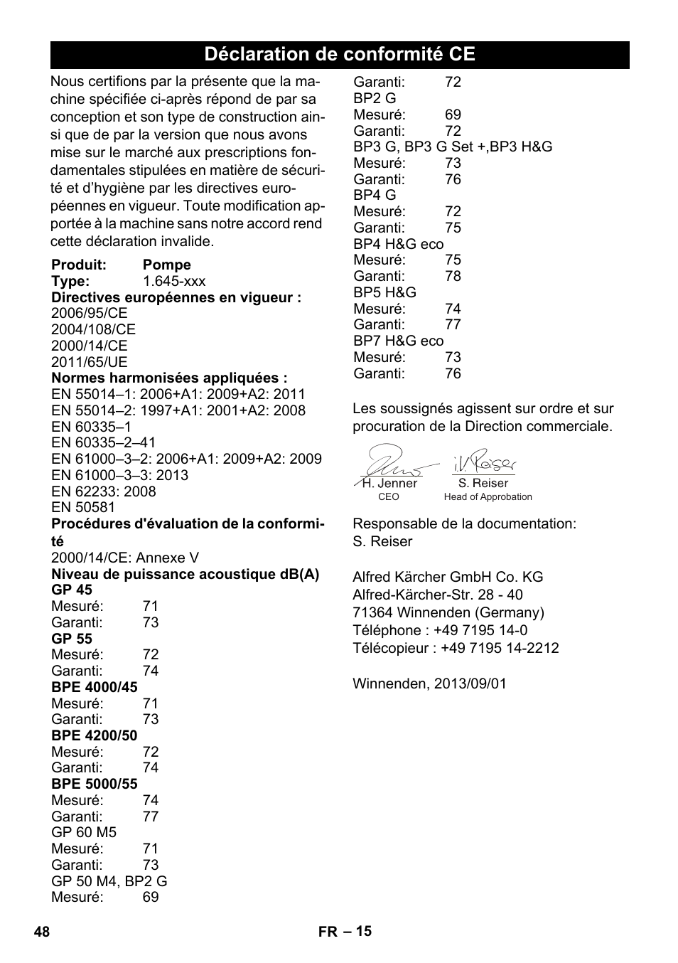 Déclaration de conformité ce | Karcher BP 3 Home & Garden User Manual | Page 48 / 134