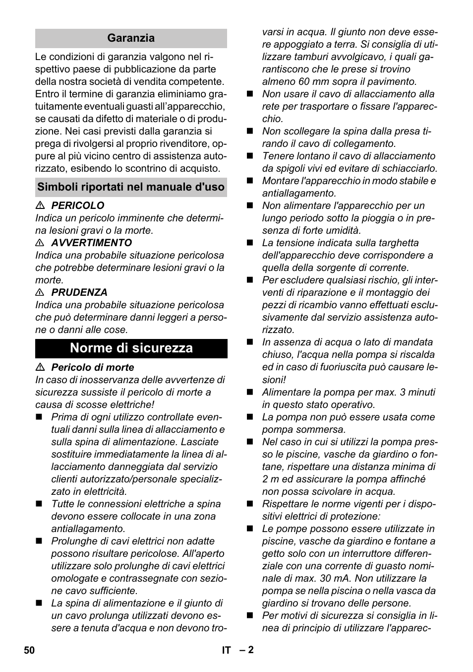 Garanzia, Simboli riportati nel manuale d'uso, Norme di sicurezza | Karcher BP 3 Home & Garden User Manual | Page 50 / 134