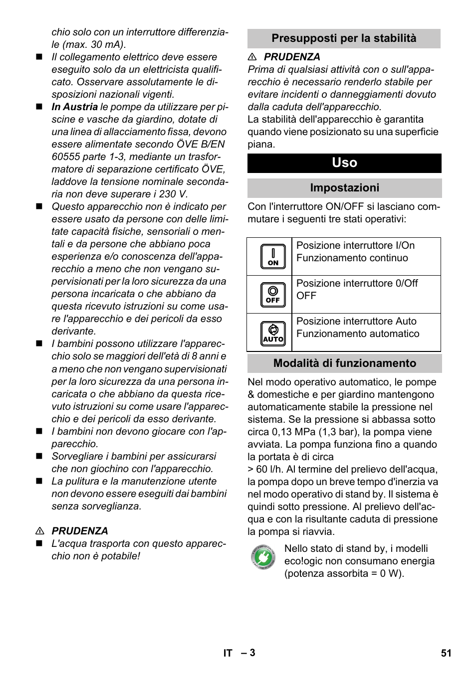 Presupposti per la stabilità, Impostazioni, Modalità di funzionamento | Karcher BP 3 Home & Garden User Manual | Page 51 / 134