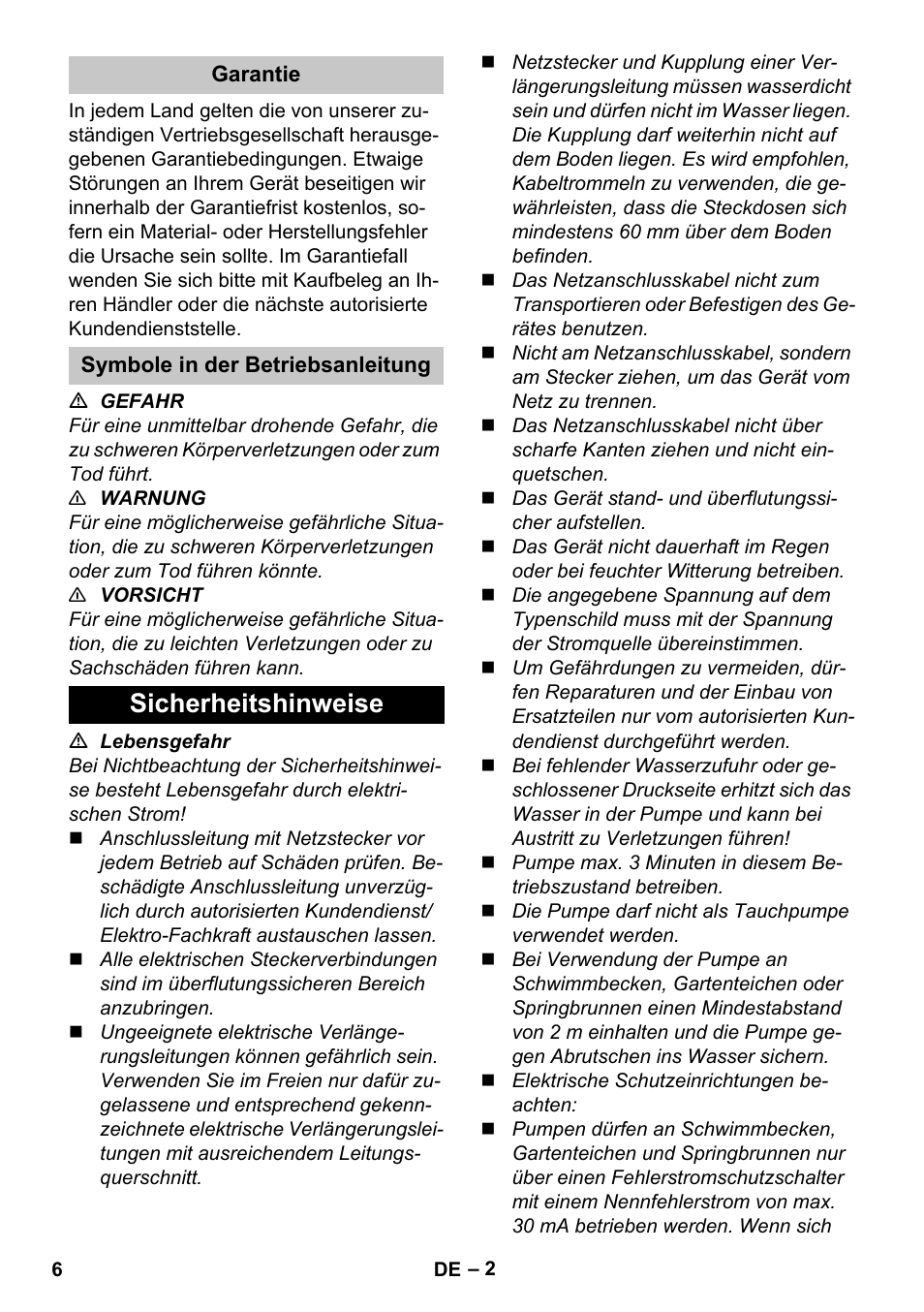 Garantie, Symbole in der betriebsanleitung, Sicherheitshinweise | Karcher BP 3 Home & Garden User Manual | Page 6 / 134