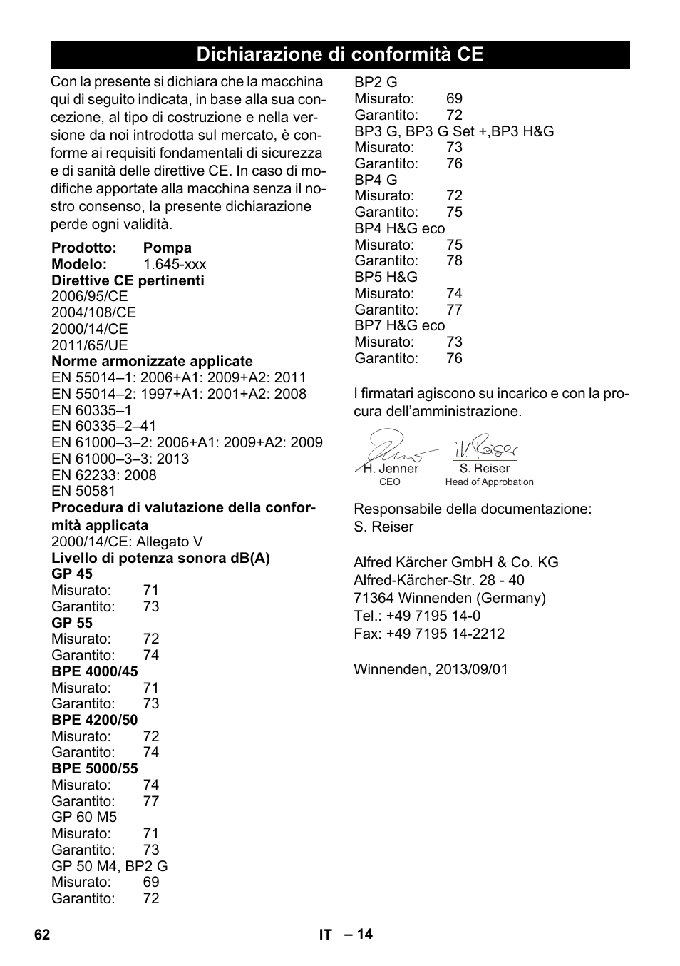 Dichiarazione di conformità ce | Karcher BP 3 Home & Garden User Manual | Page 62 / 134