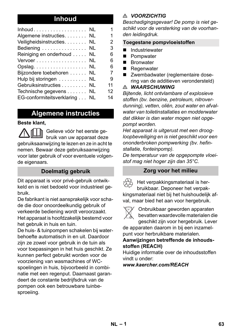 Nederlands, Inhoud, Algemene instructies | Doelmatig gebruik, Toegestane pompvloeistoffen, Zorg voor het milieu | Karcher BP 3 Home & Garden User Manual | Page 63 / 134