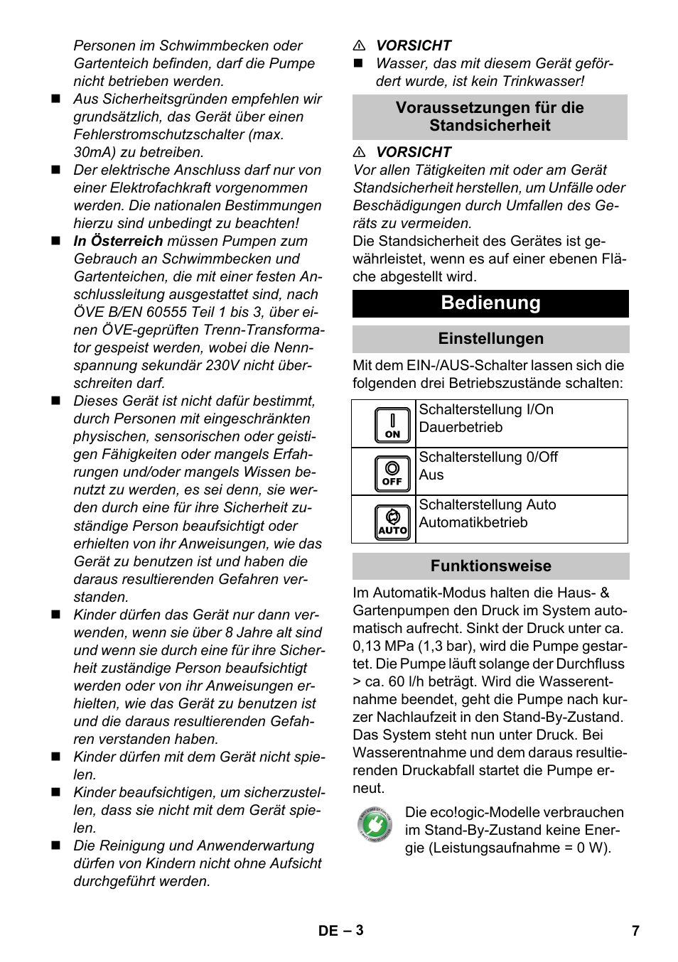 Voraussetzungen für die standsicherheit, Bedienung, Einstellungen | Funktionsweise | Karcher BP 3 Home & Garden User Manual | Page 7 / 134