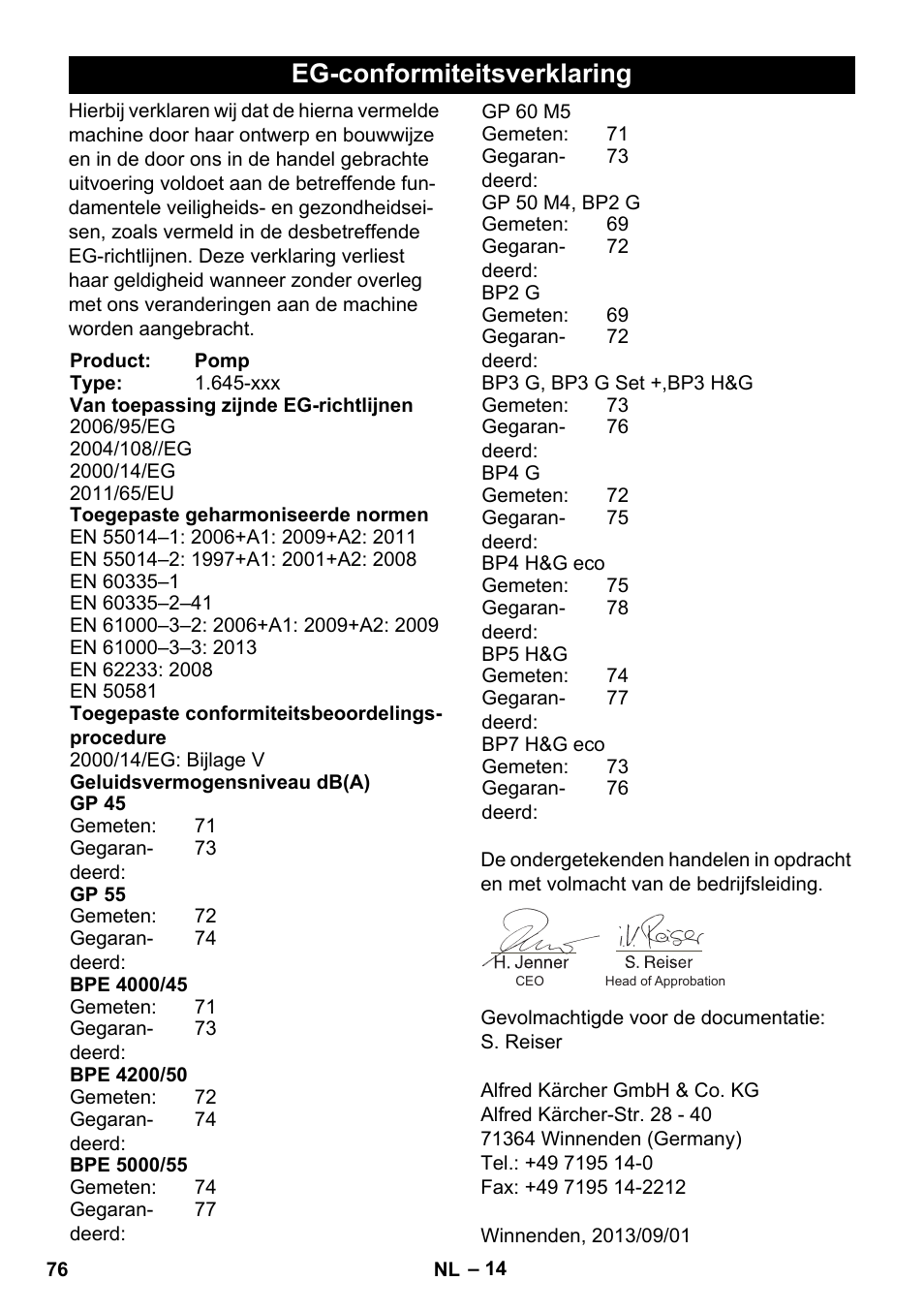 Eg-conformiteitsverklaring | Karcher BP 3 Home & Garden User Manual | Page 76 / 134