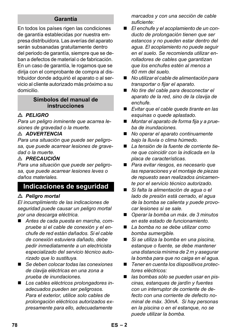 Garantía, Símbolos del manual de instrucciones, Indicaciones de seguridad | Karcher BP 3 Home & Garden User Manual | Page 78 / 134