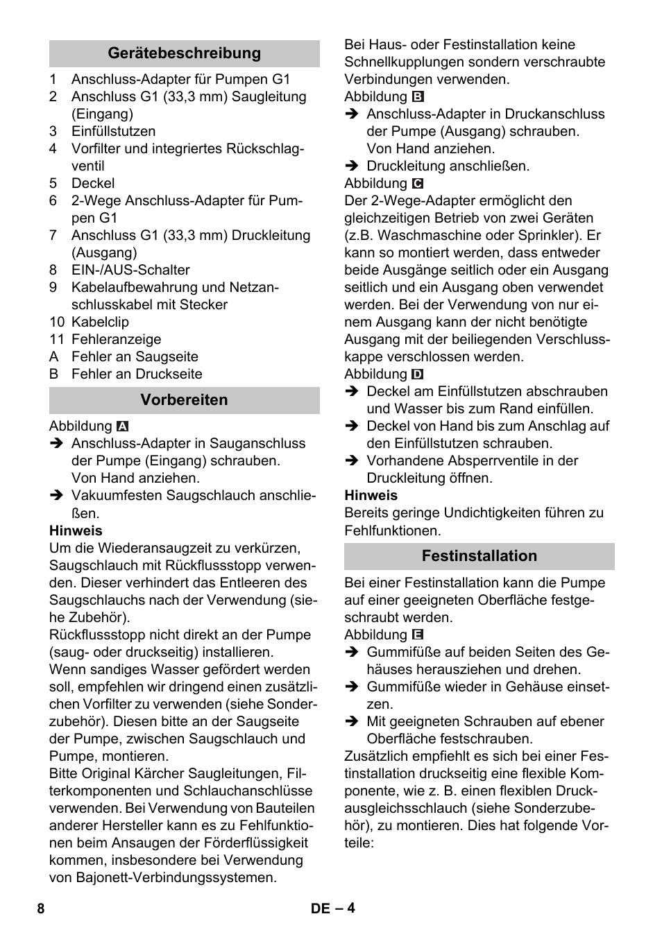 Gerätebeschreibung, Vorbereiten, Festinstallation | Karcher BP 3 Home & Garden User Manual | Page 8 / 134