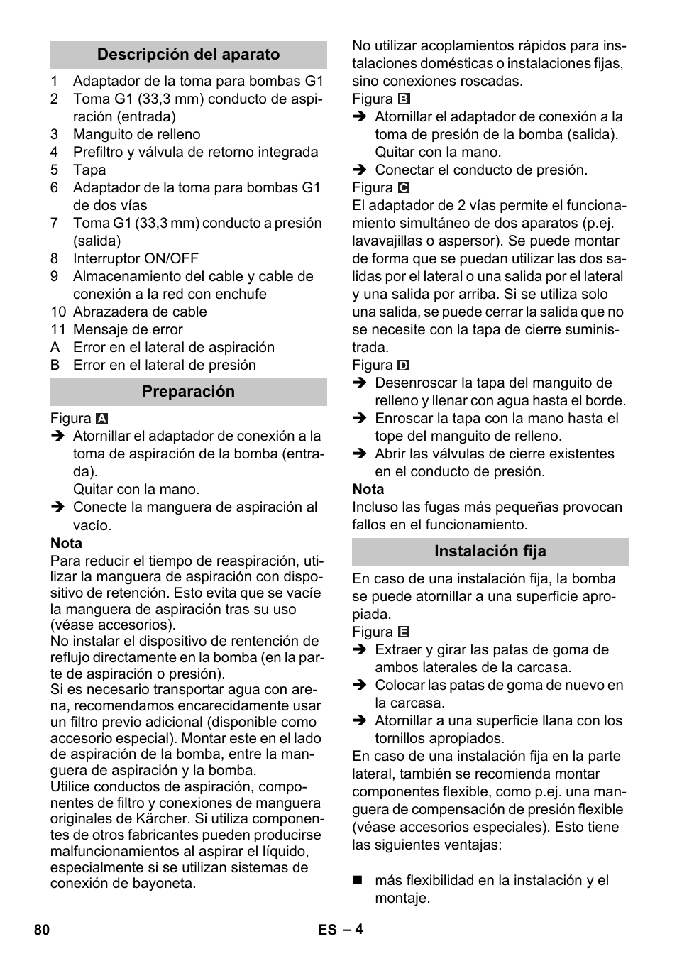 Descripción del aparato, Preparación, Instalación fija | Karcher BP 3 Home & Garden User Manual | Page 80 / 134