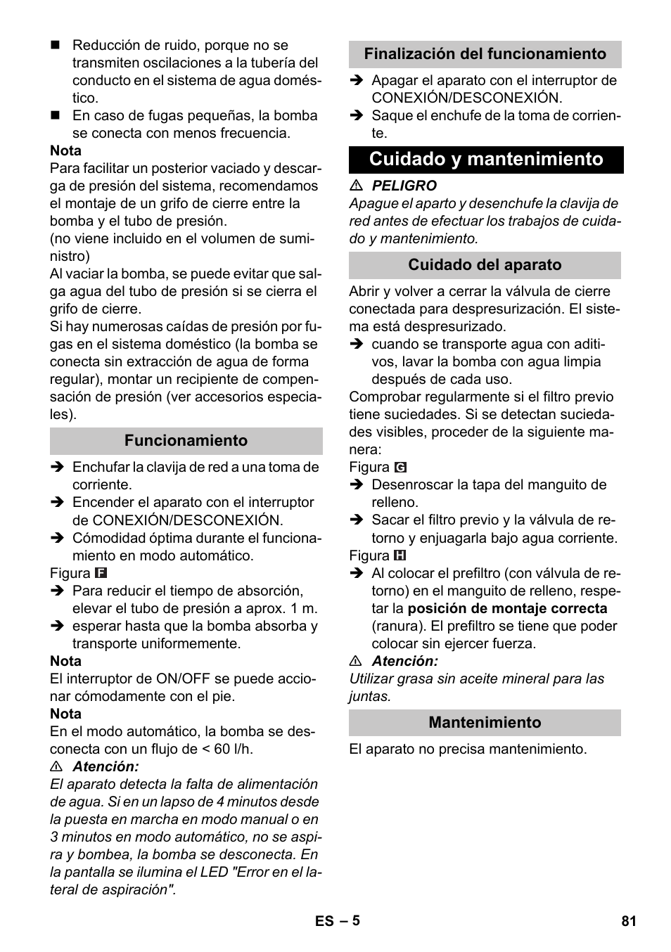 Funcionamiento, Finalización del funcionamiento, Cuidado y mantenimiento | Cuidado del aparato, Mantenimiento | Karcher BP 3 Home & Garden User Manual | Page 81 / 134