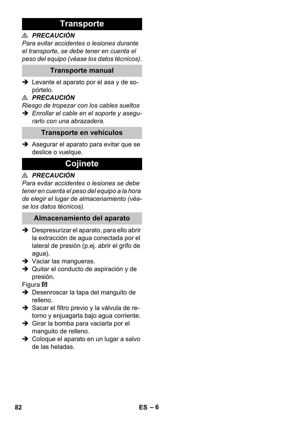 Transporte, Transporte manual, Transporte en vehículos | Cojinete, Almacenamiento del aparato | Karcher BP 3 Home & Garden User Manual | Page 82 / 134