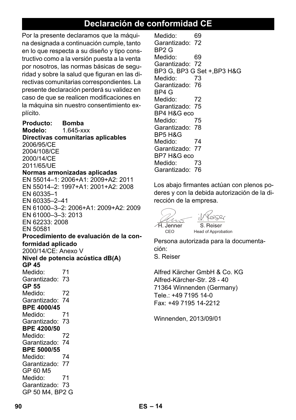 Declaración de conformidad ce | Karcher BP 3 Home & Garden User Manual | Page 90 / 134