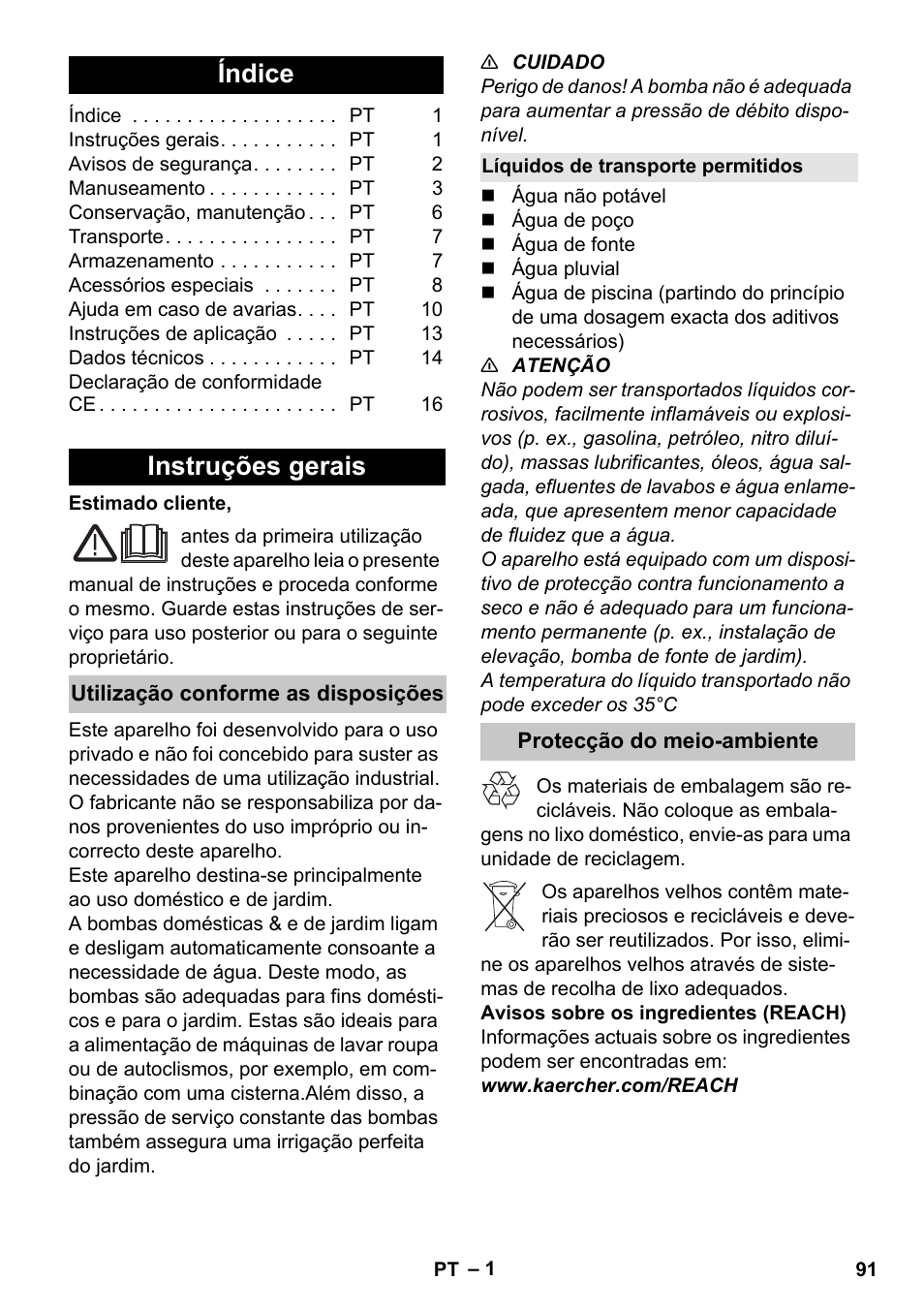 Português, Índice, Instruções gerais | Utilização conforme as disposições, Líquidos de transporte permitidos, Protecção do meio-ambiente | Karcher BP 3 Home & Garden User Manual | Page 91 / 134