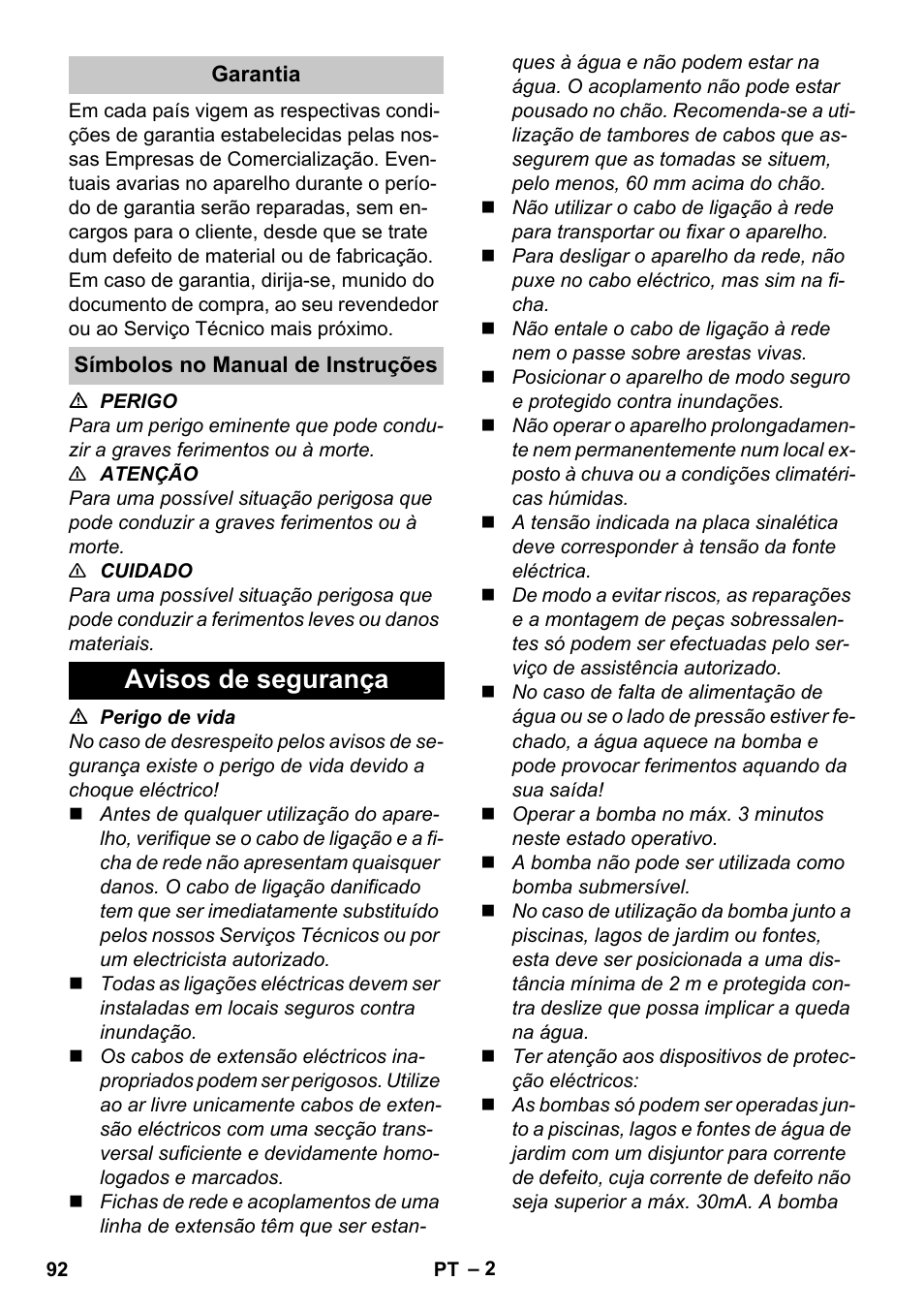 Garantia, Símbolos no manual de instruções, Avisos de segurança | Karcher BP 3 Home & Garden User Manual | Page 92 / 134