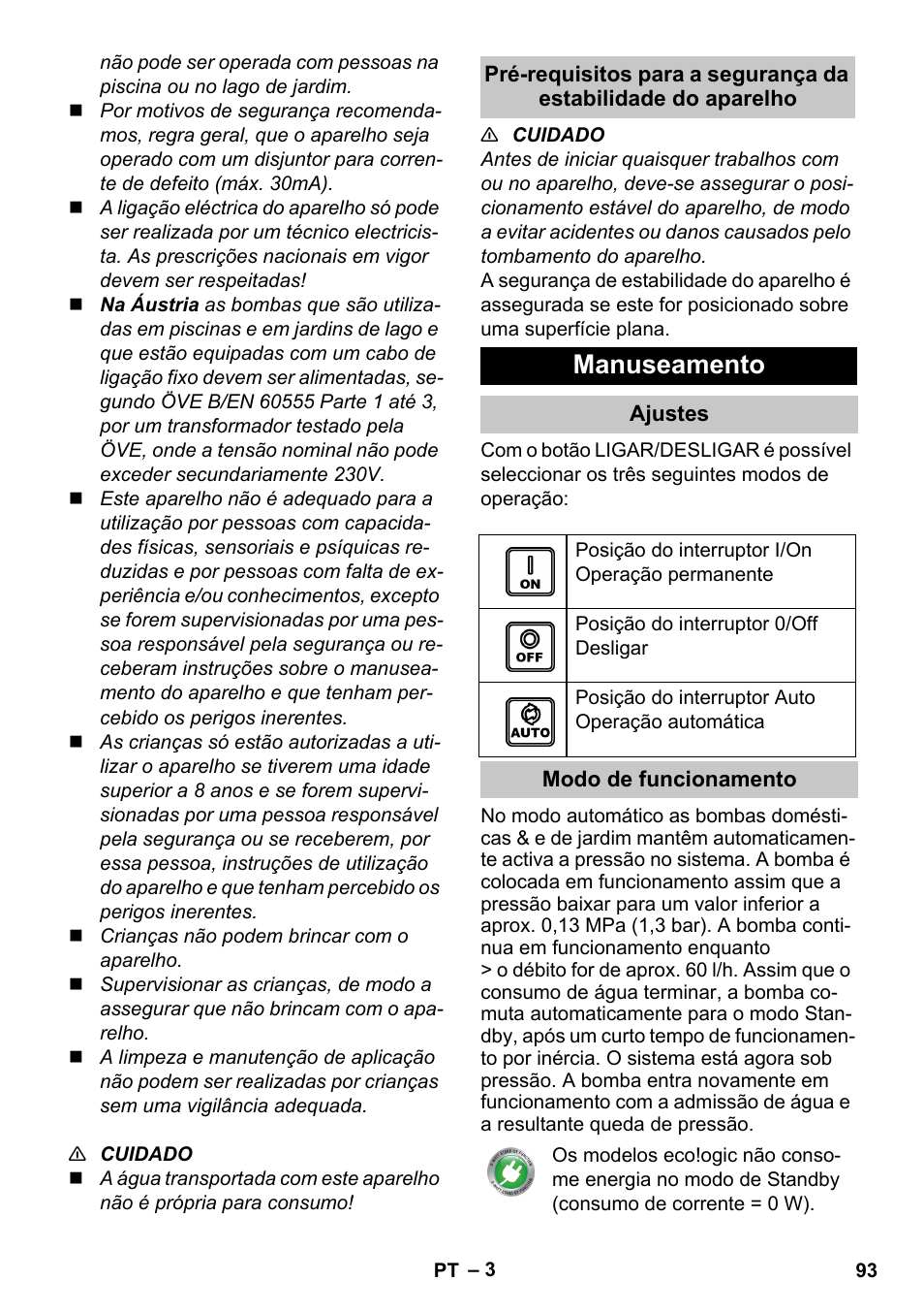 Manuseamento, Ajustes, Modo de funcionamento | Karcher BP 3 Home & Garden User Manual | Page 93 / 134