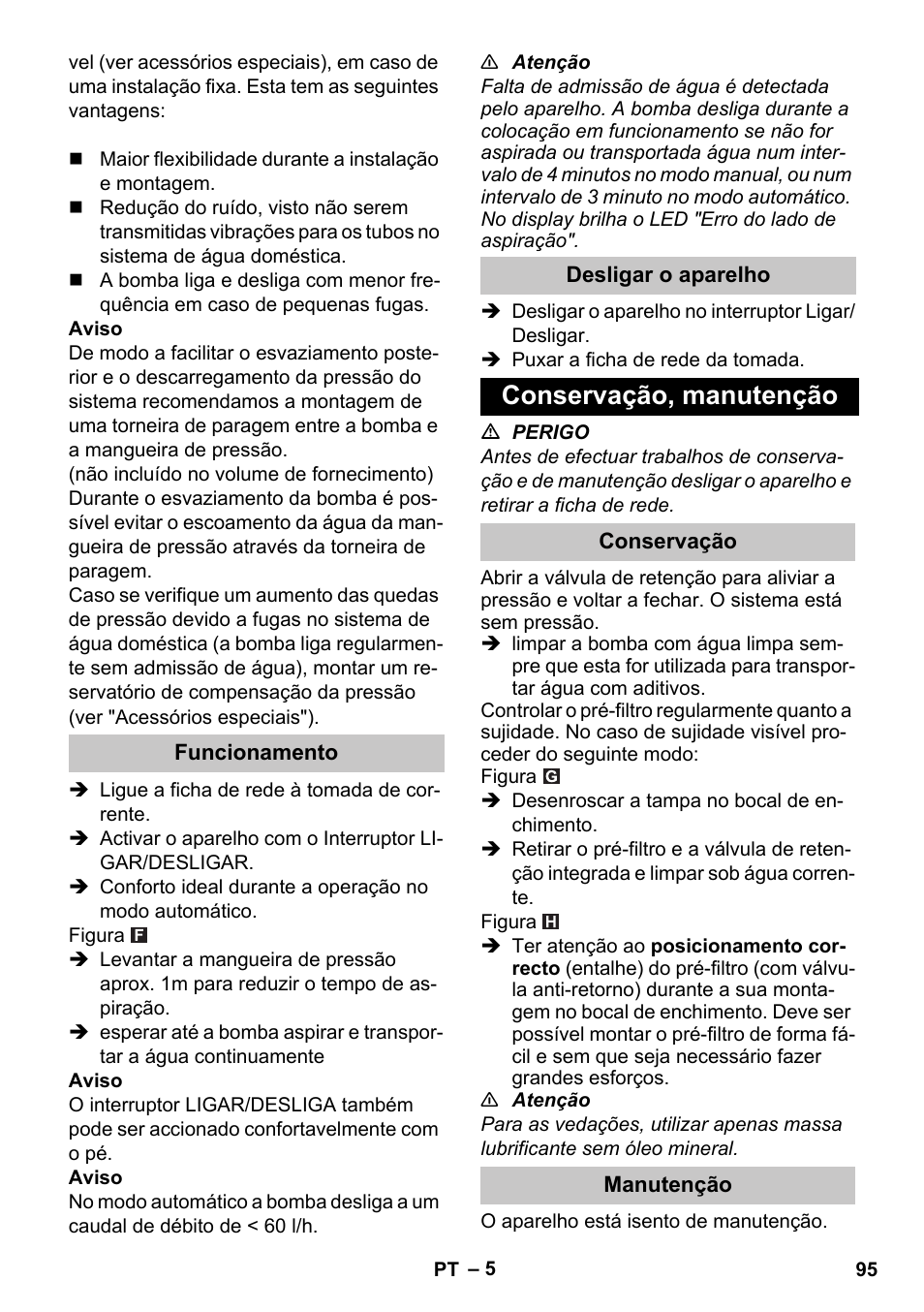 Funcionamento, Desligar o aparelho, Conservação, manutenção | Conservação, Manutenção | Karcher BP 3 Home & Garden User Manual | Page 95 / 134