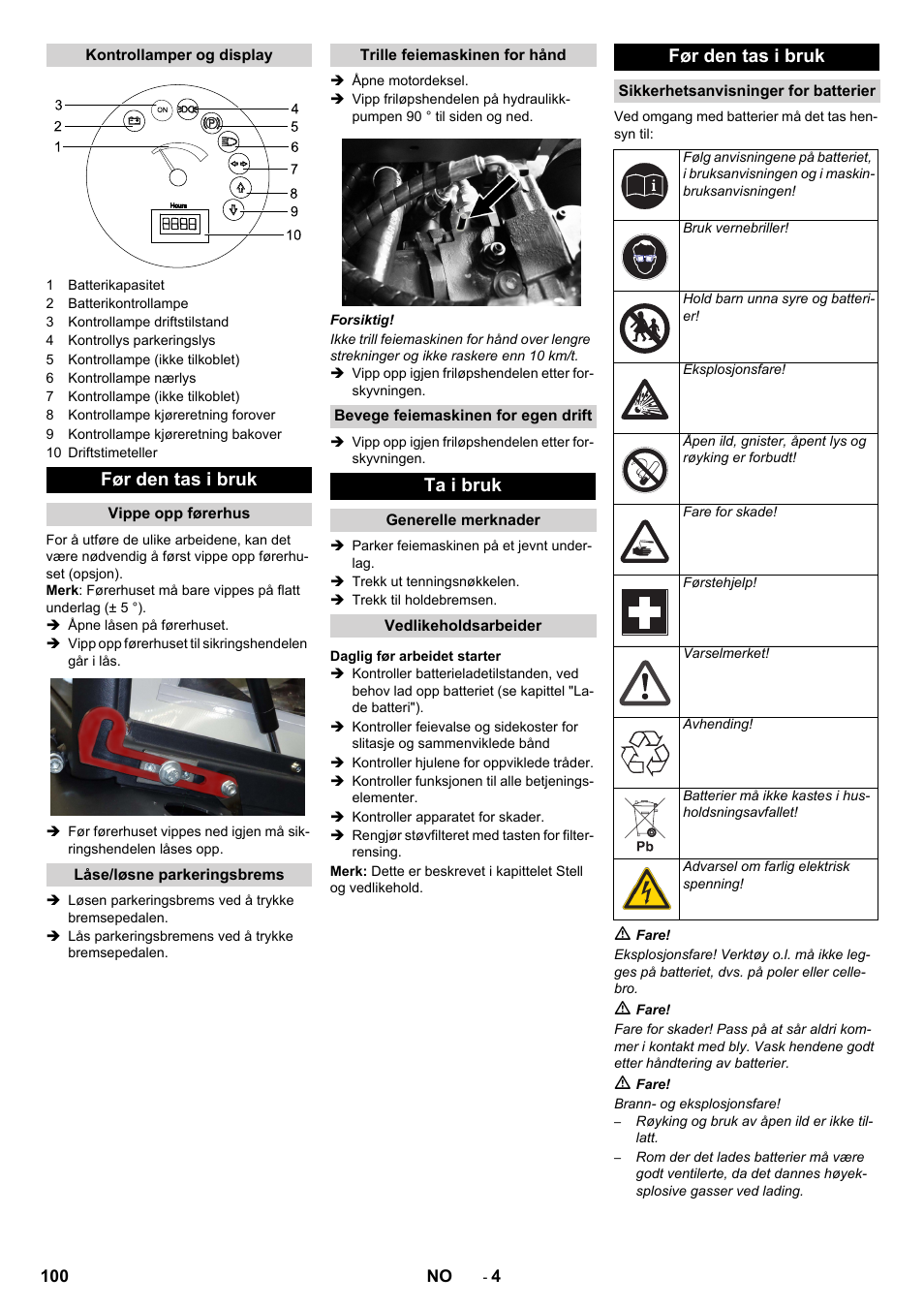 Før den tas i bruk, Ta i bruk | Karcher KM 130-300 BAT User Manual | Page 100 / 340