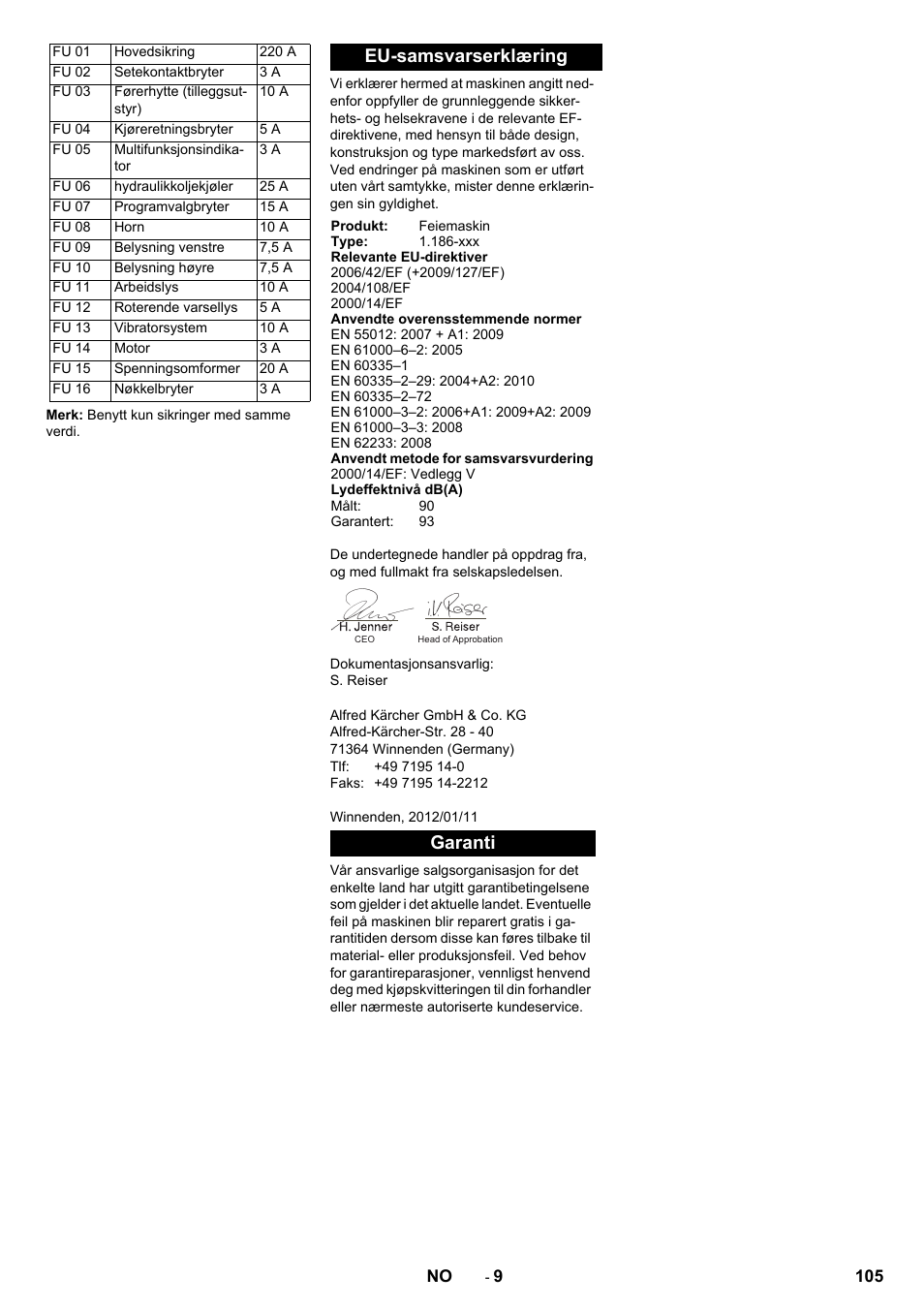 Eu-samsvarserklæring, Garanti | Karcher KM 130-300 BAT User Manual | Page 105 / 340